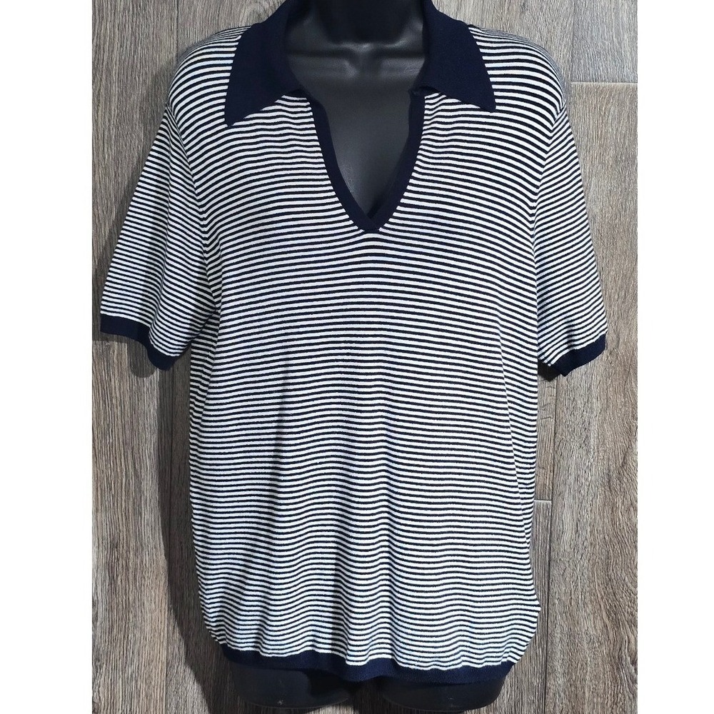 Philosophy Republic Clothing Striped Knit Top Navy Blue V Neck Short Sleeve Sz M